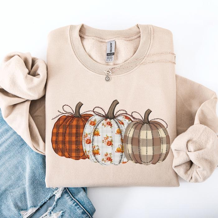 Cute Patterned Pumpkins Plaid Patchwork Print Halloween Autumn Season Edition Sweatshirt