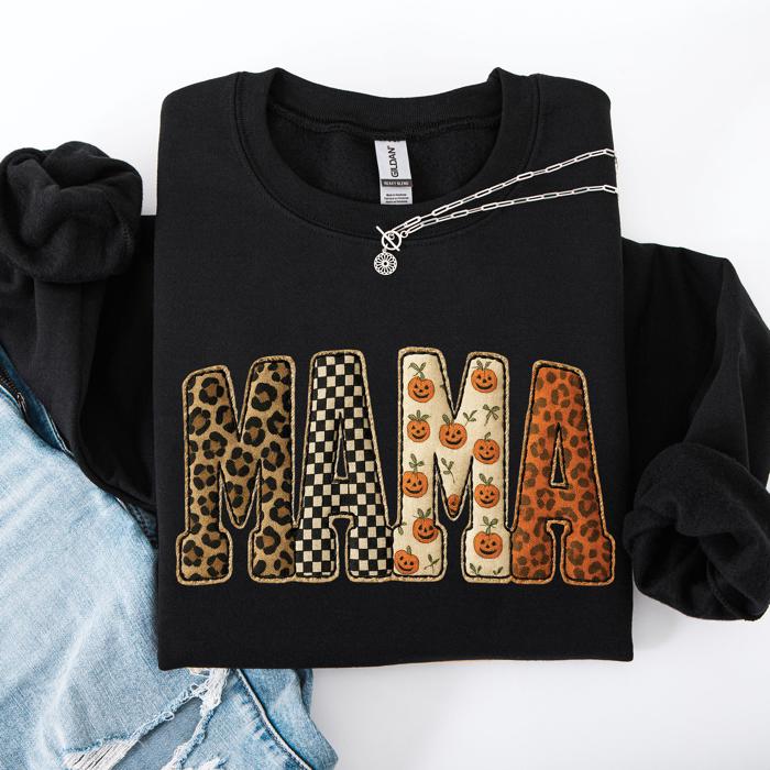 Vintage Mama Halloween Patchwork Leopard Print Checkered Pumpkin Pattern Sweatshirt