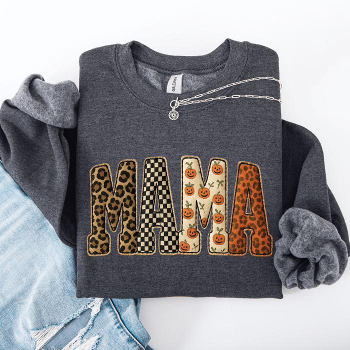 Vintage Mama Halloween Patchwork Leopard Print Checkered Pumpkin Pattern Sweatshirt