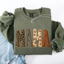 Small Military Green Vintage Mama Halloween Patchwork Leopard Print Checkered Pumpkin Pattern Sweatshirt