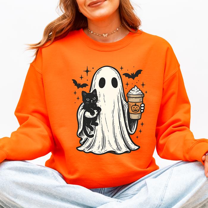 Pumpkin Spice Latte Ghost Witch Halloween Cat Bats Leopard Patchwork Autumn Sweatshirt
