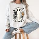 Medium Ash Light Gray Pumpkin Spice Latte Ghost Witch Halloween Cat Bats Leopard Patchwork Autumn Sweatshirt