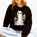 XXL Black Pumpkin Spice Latte Ghost Witch Halloween Cat Bats Leopard Patchwork Autumn Sweatshirt