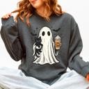 XXXL Dark Gray Heather Pumpkin Spice Latte Ghost Witch Halloween Cat Bats Leopard Patchwork Autumn Sweatshirt