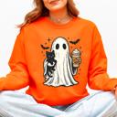 Small Orange Pumpkin Spice Latte Ghost Witch Halloween Cat Bats Leopard Patchwork Autumn Sweatshirt