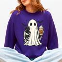 Small Purple Pumpkin Spice Latte Ghost Witch Halloween Cat Bats Leopard Patchwork Autumn Sweatshirt