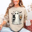 XXL Sand Pumpkin Spice Latte Ghost Witch Halloween Cat Bats Leopard Patchwork Autumn Sweatshirt