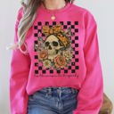 XL Crunchberry Bright Pink Tis The Season Skull Halloween Ghost Checkered Retro Vintage Spooky Graphic Sweatshirt