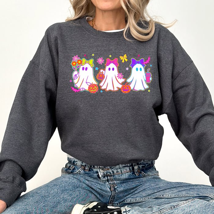 Neon Ghosts Halloween Checkered Retro Vintage Spooky Costume Fall Graphic Sweatshirt