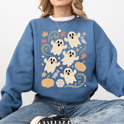 Vintage Ghosts Floral Halloween Retro Spooky Neon Patchwork Nightfall Graphic Sweatshirt
