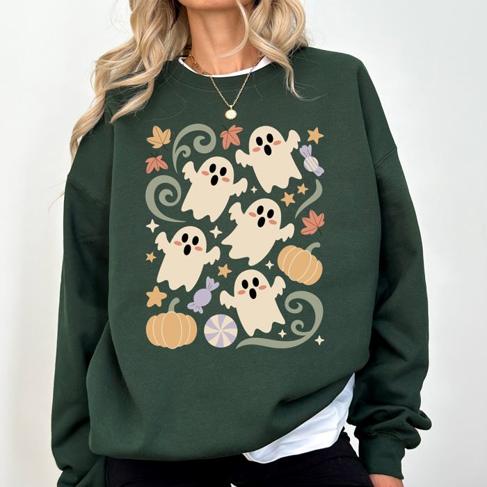 Vintage Ghosts Floral Halloween Retro Spooky Neon Patchwork Nightfall Graphic Sweatshirt