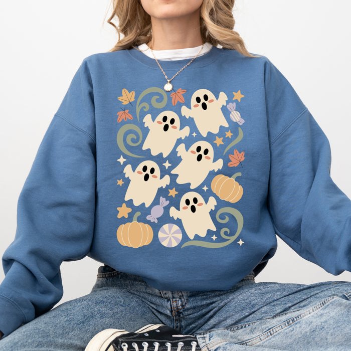 Vintage Ghosts Floral Halloween Retro Spooky Neon Patchwork Nightfall Graphic Sweatshirt