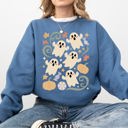 Large Indigo Blue Vintage Ghosts Floral Halloween Retro Spooky Neon Patchwork Nightfall Graphic Sweatshirt