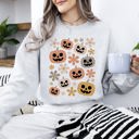 Small Ash Light Gray Pumpkins And Flowers Halloween Neon Retro Vintage Spooky Checkered Patchwork Graphic Sweatshirt