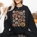 Large Black Pumpkins And Flowers Halloween Neon Retro Vintage Spooky Checkered Patchwork Graphic Sweatshirt