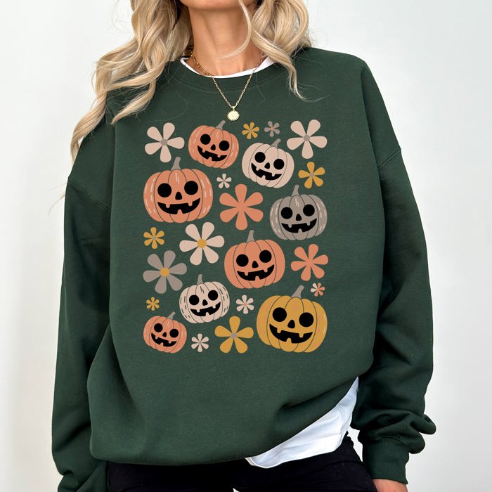Pumpkins And Flowers Halloween Neon Retro Vintage Spooky Checkered Patchwork Graphic Sweatshirt