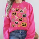 Medium Crunchberry Bright Pink Pumpkins And Flowers Halloween Neon Retro Vintage Spooky Checkered Patchwork Graphic Sweatshirt