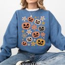 Large Indigo Blue Pumpkins And Flowers Halloween Neon Retro Vintage Spooky Checkered Patchwork Graphic Sweatshirt