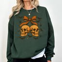 Large Forest Green Skull Bow Coquette Bats Ghost Western Halloween Retro Vintage Spooky Graphic Sweatshirt