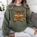 Small Military Green Skull Bow Coquette Bats Ghost Western Halloween Retro Vintage Spooky Graphic Sweatshirt