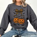 Large Dark Gray Heather Pumpkin Coquette Bow Ghosts Halloween Retro Vintage Spooky Fall Graphic Sweatshirt