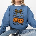 Large Indigo Blue Pumpkin Coquette Bow Ghosts Halloween Retro Vintage Spooky Fall Graphic Sweatshirt