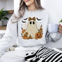 Large Ash Light Gray Cute Ghost Bow Coquette Bats Lace Halloween Retro Vintage Spooky Costume Fall Graphic Sweatshirt