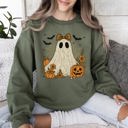 XL Military Green Cute Ghost Bow Coquette Bats Lace Halloween Retro Vintage Spooky Costume Fall Graphic Sweatshirt