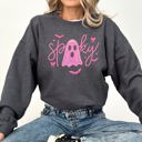 Large Dark Gray Heather Pink Neon Ghost Halloween Retro Vintage Spooky Collector's Edition Graphic Sweatshirt