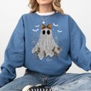 Large Indigo Blue Cute Lace Ghost Bow Coquette Bats Halloween Vintage Nostalgic Cozy Retro Graphic Sweatshirt