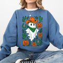 Large Indigo Blue Western Ghost Cowboy Pumpkin Halloween Retro Vintage Spooky Costume Fall Graphic Sweatshirt