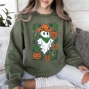 XXL Military Green Western Ghost Cowboy Pumpkin Halloween Retro Vintage Spooky Costume Fall Graphic Sweatshirt