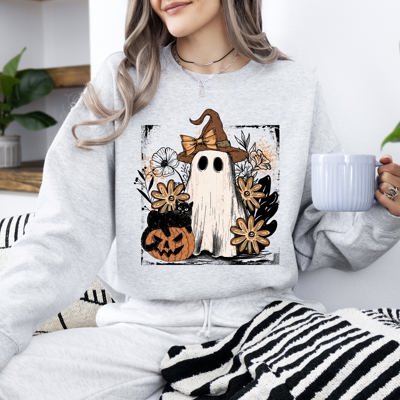 Pink Neon Ghost Witch Bow Pumpkin Floral Coquette Retro Halloween Graphic Sweatshirt