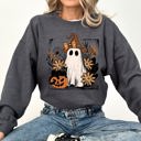  Pink Neon Ghost Witch Bow Pumpkin Floral Coquette Retro Halloween Graphic Sweatshirt