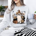 Large Ash Light Gray Pink Neon Ghost Witch Bow Pumpkin Floral Coquette Retro Halloween Graphic Sweatshirt