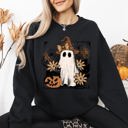 XL Black Pink Neon Ghost Witch Bow Pumpkin Floral Coquette Retro Halloween Graphic Sweatshirt
