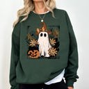 Medium Forest Green Pink Neon Ghost Witch Bow Pumpkin Floral Coquette Retro Halloween Graphic Sweatshirt