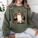 Small Military Green Pink Neon Ghost Witch Bow Pumpkin Floral Coquette Retro Halloween Graphic Sweatshirt