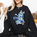 Medium Black Blue Ghost Patchwork Trick Or Treat Witch Pumpkin Floral Retro Spooky Graphic Sweatshirt