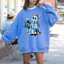 XXXL Carolina Blue Blue Ghost Patchwork Trick Or Treat Witch Pumpkin Floral Retro Spooky Graphic Sweatshirt