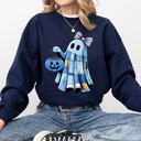 XXL Navy Blue Ghost Patchwork Trick Or Treat Witch Pumpkin Floral Retro Spooky Graphic Sweatshirt