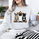 Medium Ash Light Gray Funny Halloween Cats Retro Ghost Pumpkin Vintage Nostalgic Spooky Season Graphic Sweatshirt