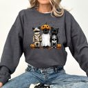 Large Dark Gray Heather Funny Halloween Cats Retro Ghost Pumpkin Vintage Nostalgic Spooky Season Graphic Sweatshirt