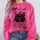 Medium Crunchberry Bright Pink Halloween Witches Vintage Ghost Pumpkin Retro Spooky Season Cozy Graphic Sweatshirt