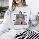 Medium Ash Light Gray Haunted Book Store Ghost Halloween Vintage Pumpkin Retro Spooky Graphic Sweatshirt