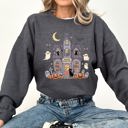 Large Dark Gray Heather Haunted Book Store Ghost Halloween Vintage Pumpkin Retro Spooky Graphic Sweatshirt
