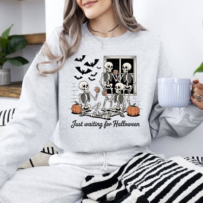 Just Waiting for Halloween Skeleton Ghost Vintage Retro Spooky Costume Fall Graphic Sweatshirt