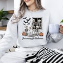 Medium Ash Light Gray Just Waiting for Halloween Skeleton Ghost Vintage Retro Spooky Costume Fall Graphic Sweatshirt