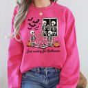 Medium Crunchberry Bright Pink Just Waiting for Halloween Skeleton Ghost Vintage Retro Spooky Costume Fall Graphic Sweatshirt
