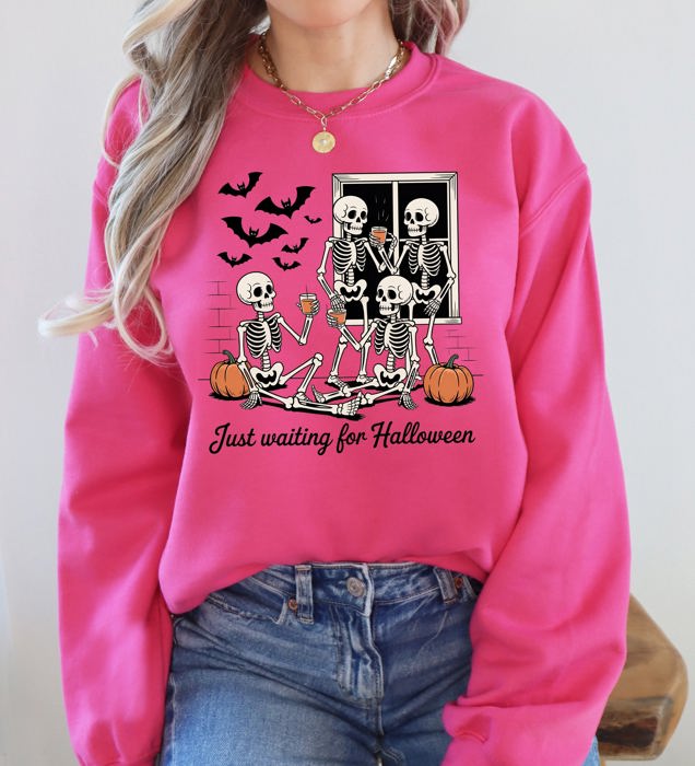 Just Waiting for Halloween Skeleton Ghost Vintage Retro Spooky Costume Fall Graphic Sweatshirt